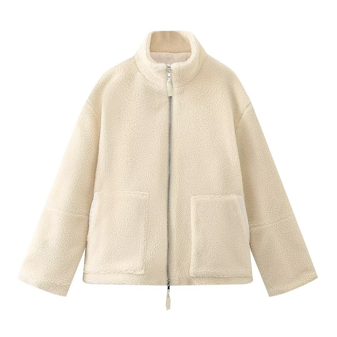 Damen Flauschige Fleecejacke mit hohem Kragen und praktischen Taschen ModeGeist