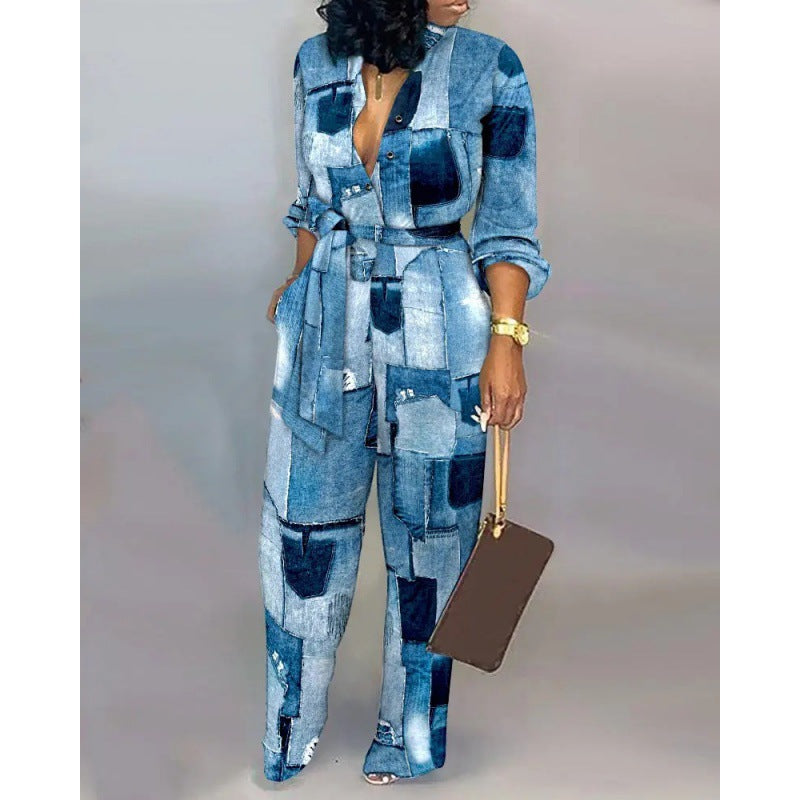 Damen Denim Jumpsuit mit modischem Patchwork-Design und praktischen Taschen ModeGeist
