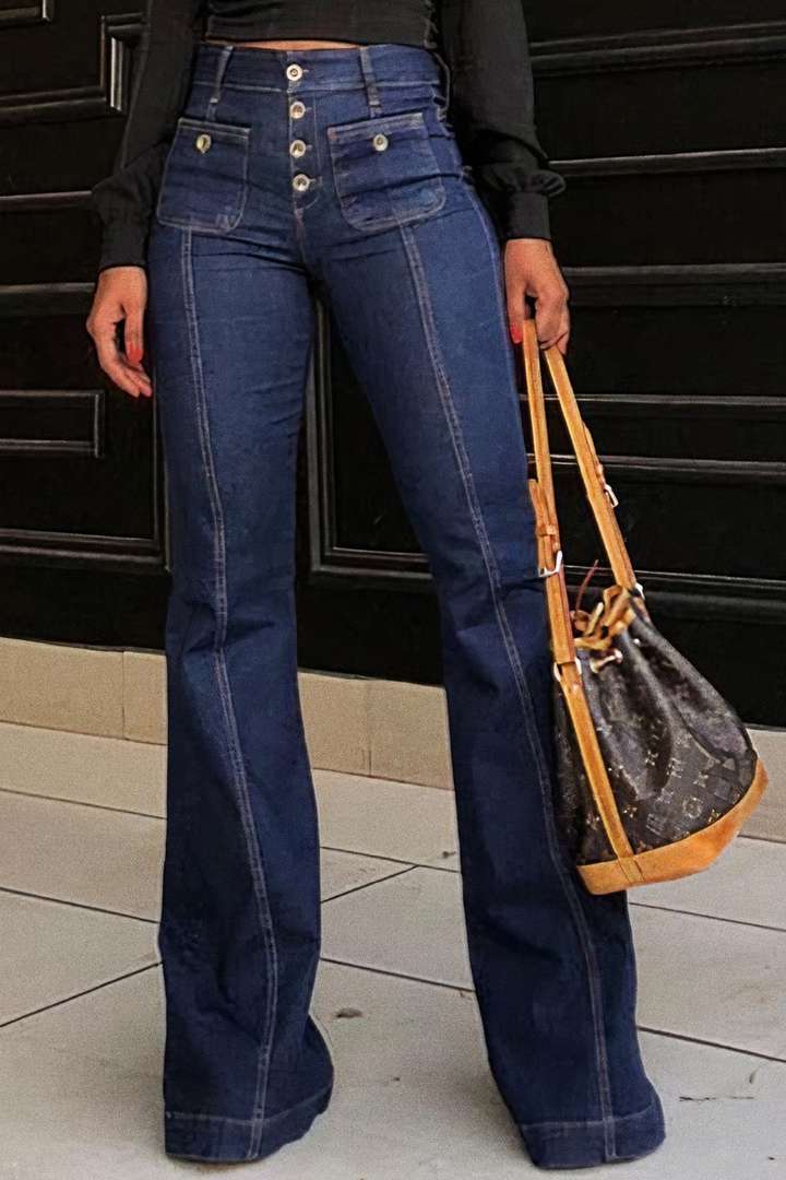 Damen Bootcut Jeans mit hohen Taillen und modischen Knopfdetails ModeGeist