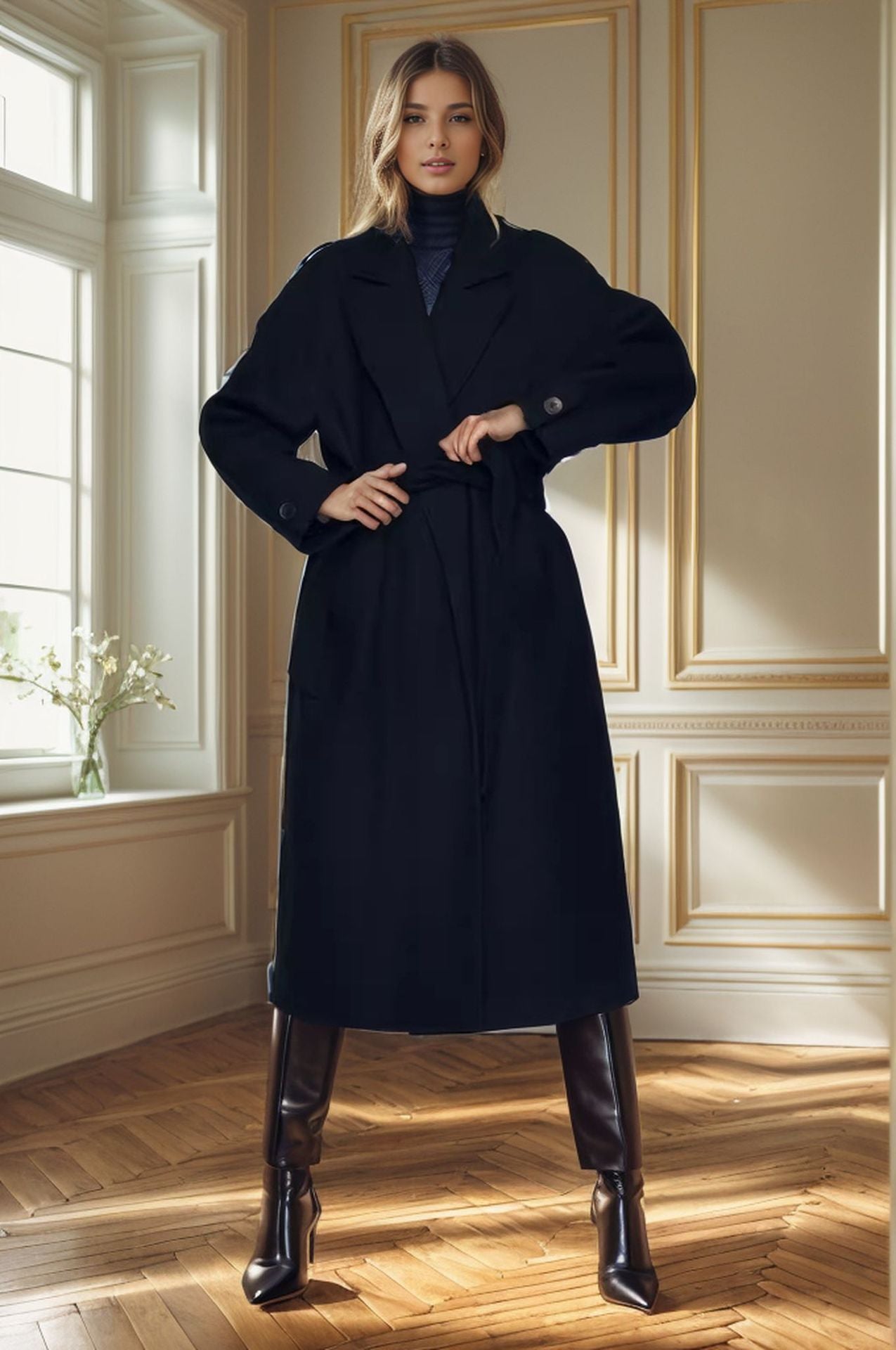 Damen stilvoller mantel mit breitem Kragen und Taillengürtel ModeGeist