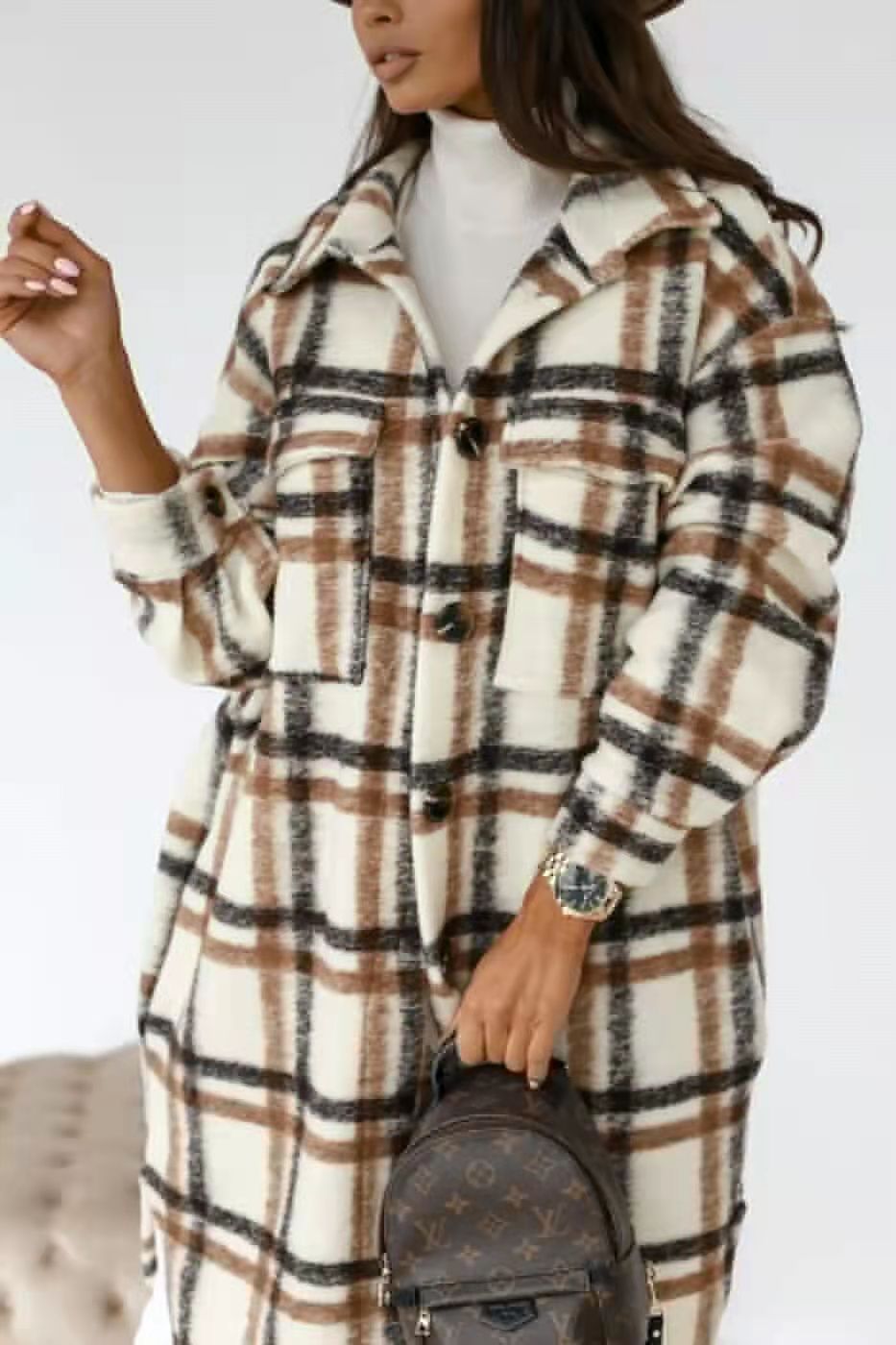 Damen Karierter Oversized-Hemd-Mantel mit praktischen Taschen ModeGeist