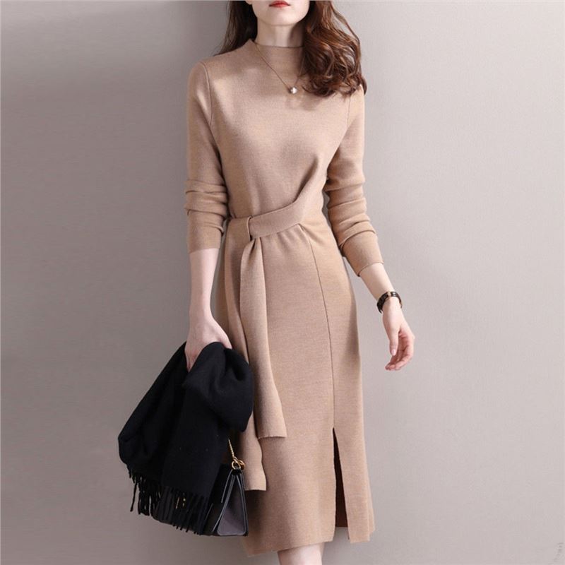 Damen Elegantes Strickkleid mit seitlichem Schlitz und tailliertem Gürtel ModeGeist