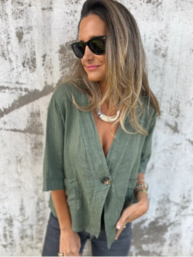 Damen Leichtes Leinenblazer mit kurzer Arm ModeGeist
