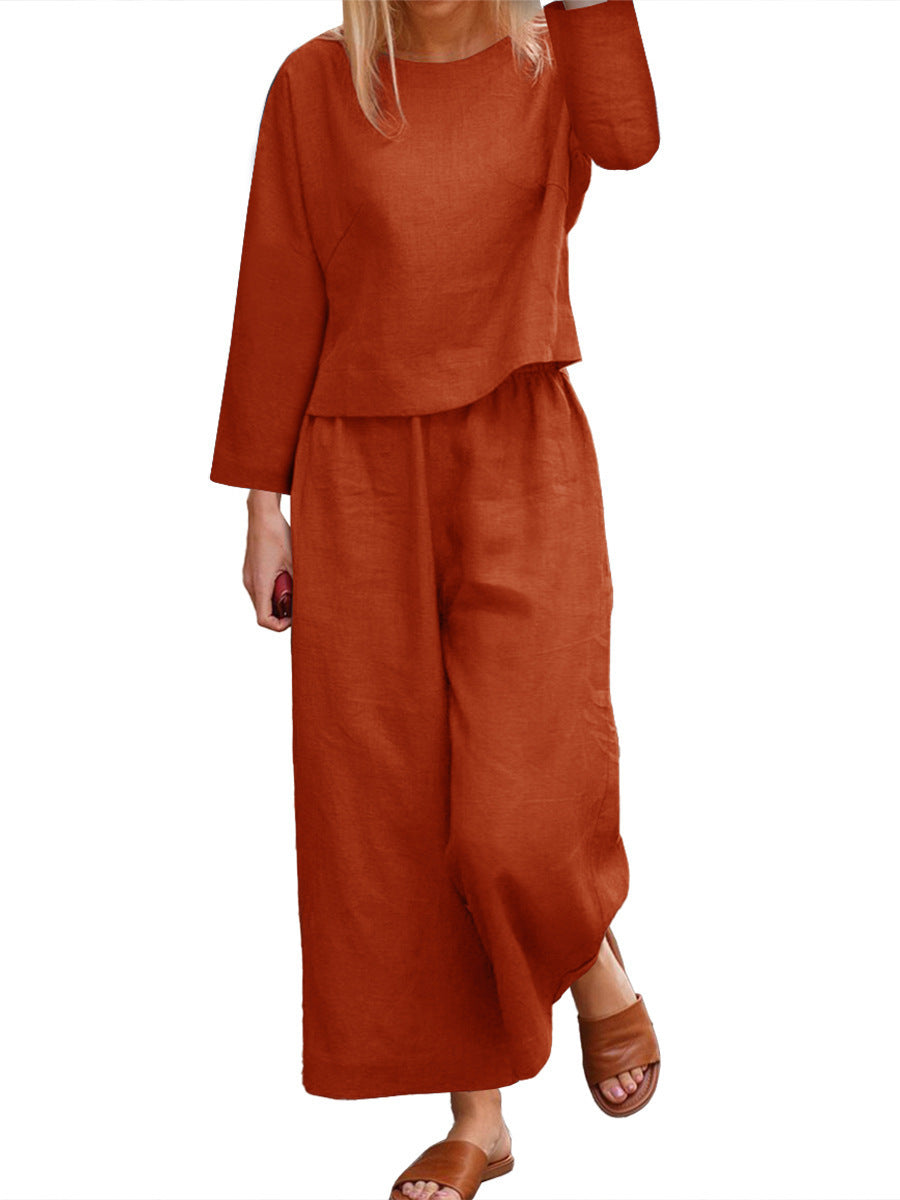 Damen lässiges Leinen-Langarm-Set mit weiten Hosen ModeGeist