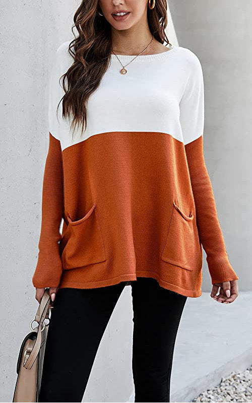 Damen Strickpullover mit großen Fronttaschen und kontrastiertem Design ModeGeist