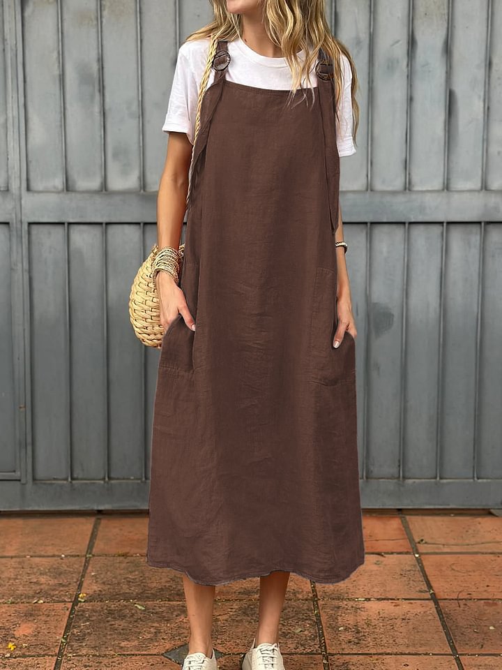 Damen lässiges Leinen-Trägerkleid mit praktischen Taschen ModeGeist