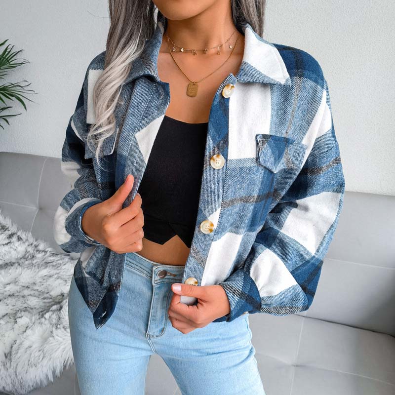 ModeGeist | Karierter Kurze Jacke mit Brusttaschen Polyester Karriert, Modern