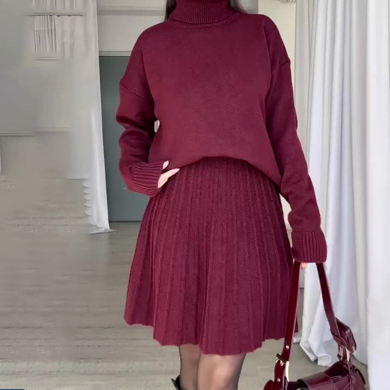 Damen Elegantes Strickensemble mit Rollkragen und fließendem Rock ModeGeist