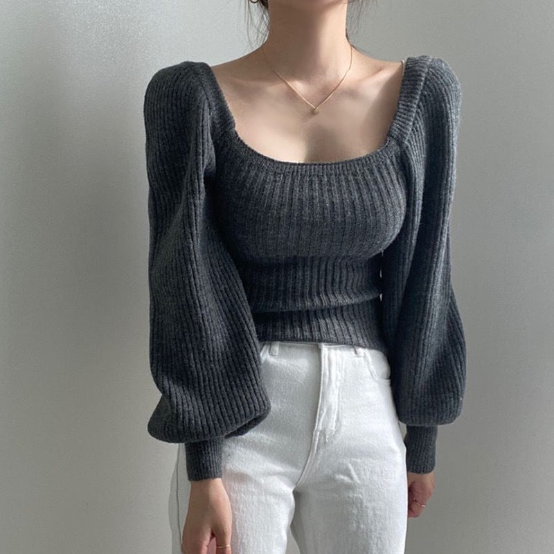 Damen Feinstrickpullover mit modernem Quadrat-Ausschnitt und weit geschnittenen Ärmeln ModeGeist