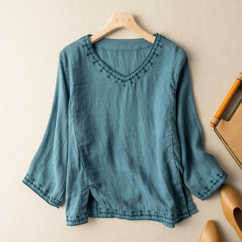 MODEGEIST Damen V-Ausschnitt Bluse Bestickt Kurzarm Leicht