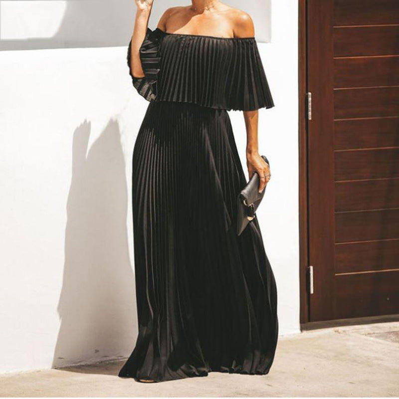 Damen Maxikleid mit asymmetrischem Plisseefall und schulterfreiem Design ModeGeist
