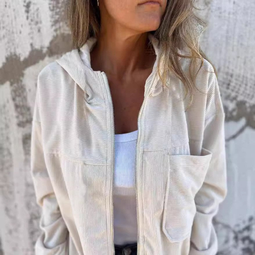 Damen lässige Cordjacke mit praktischen Taschen und elegantem Reißverschluss ModeGeist