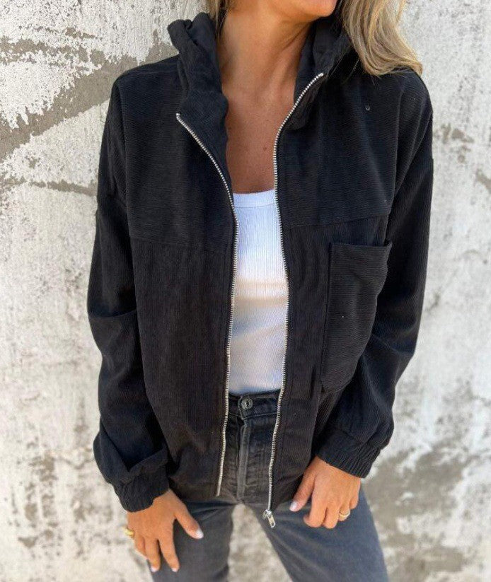 Damen lässige Cordjacke mit praktischen Taschen und elegantem Reißverschluss ModeGeist