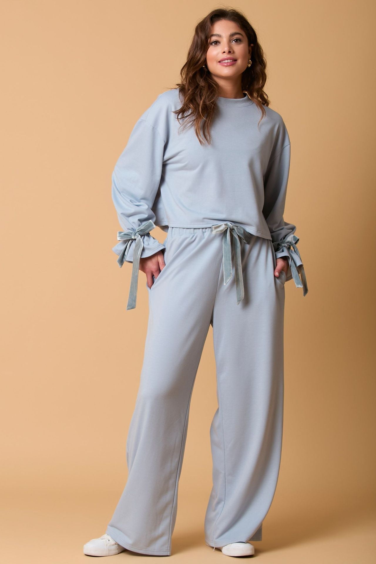Long-sleeved Top and Trousers Suit with Bow Detail
