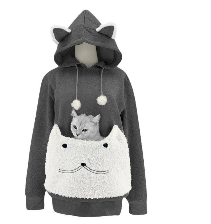 Damen Kuscheliger Kapuzenpullover mit Katzenmotiv und praktischer Känguru-Tasche ModeGeist