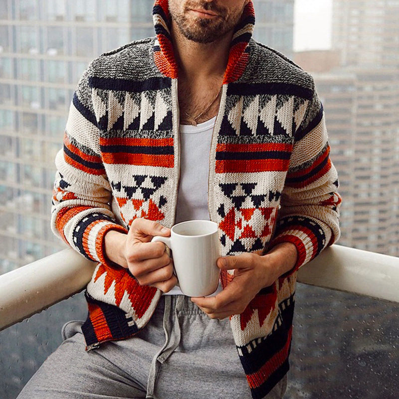 Herren Strickjacke mit geometrischem Muster und hoher Kragen ModeGeist