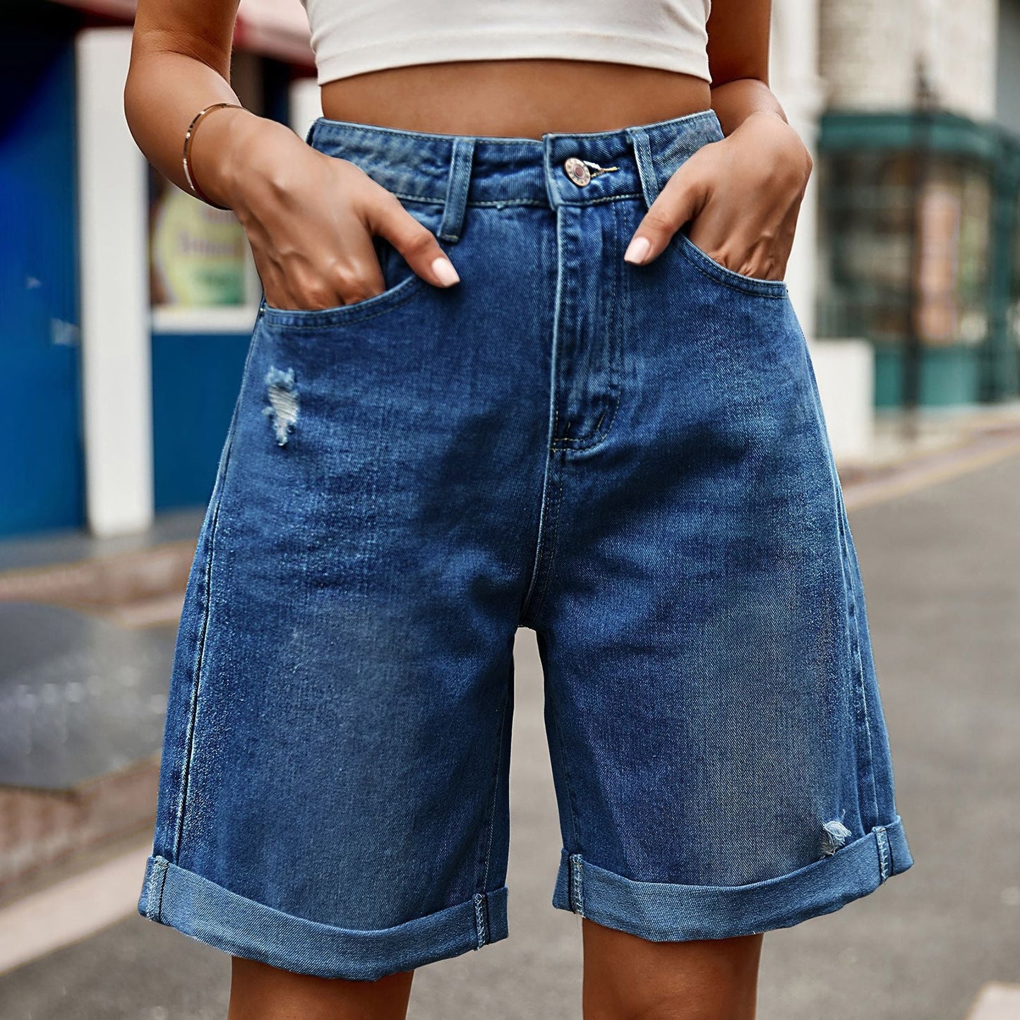 Damen entspannte Denim-Shorts mit umgeschlagenem Saum ModeGeist