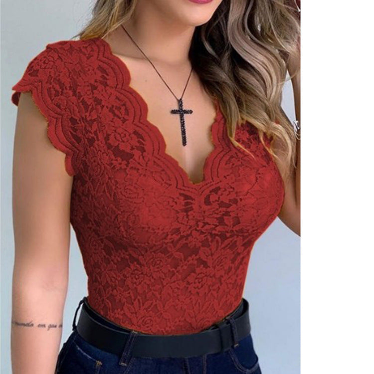 Damen Spitzenbodysuit mit tiefem V-Ausschnitt und Rüschenärmeln ModeGeist