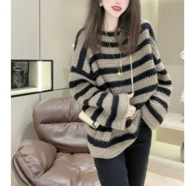 Damen Grobstrickpullover mit lässigem Streifenmuster und voluminösen Ärmeln ModeGeist