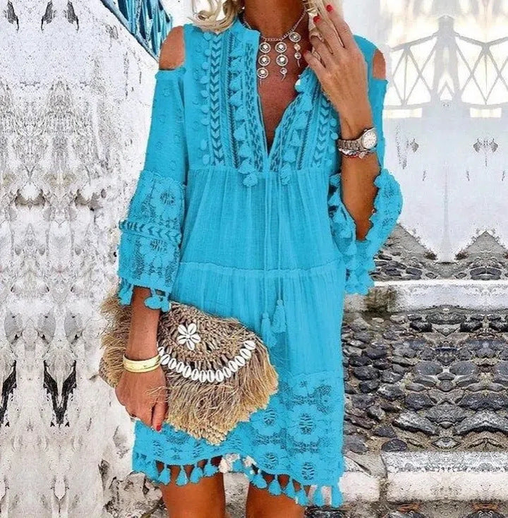Off-Shoulder Boho Tunic for Women with Lace Details by MODEGEIST