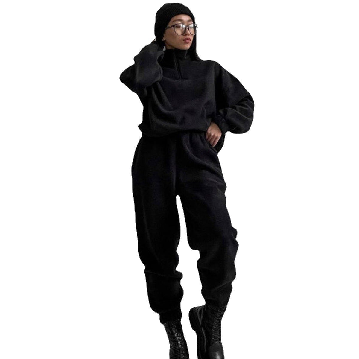 Damen Fleece-Jogginganzug mit kurzem Reißverschluss und lässigem Schnitt ModeGeist