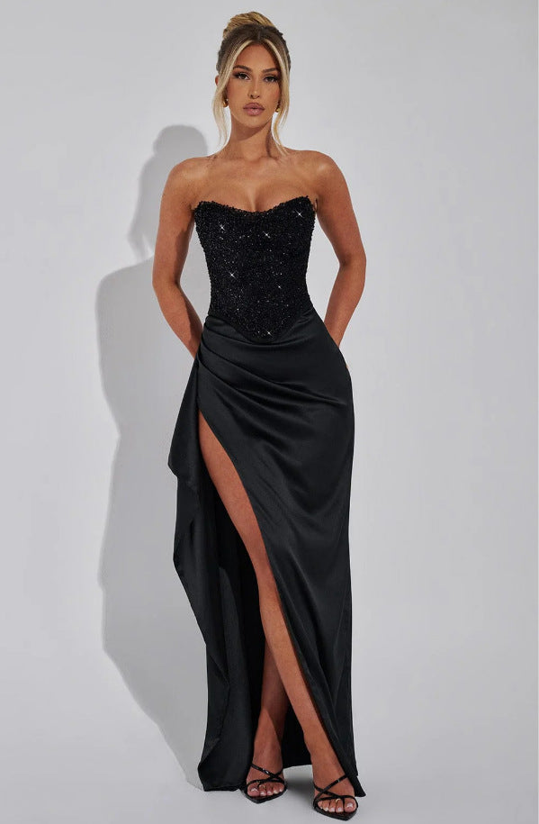 Damen Elegantes Abendkleid mit schimmerndem Oberteil und hohem Schlitz ModeGeist