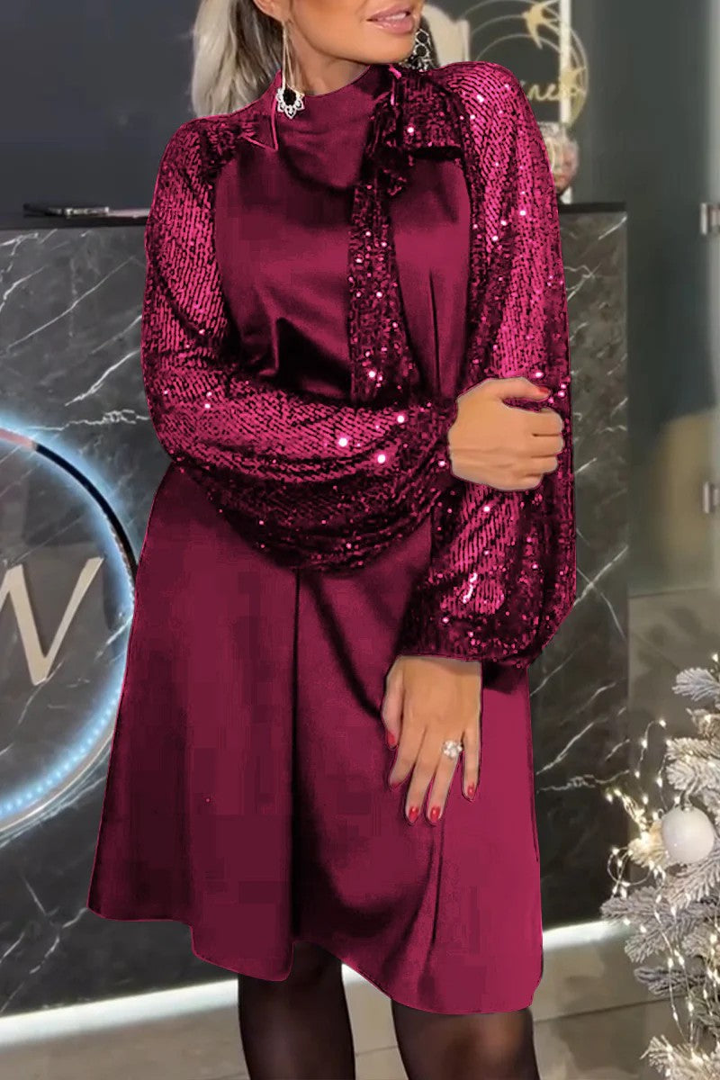 Damen Elegantes Kleid mit glitzernden Ärmeln und festlichem Kragen ModeGeist