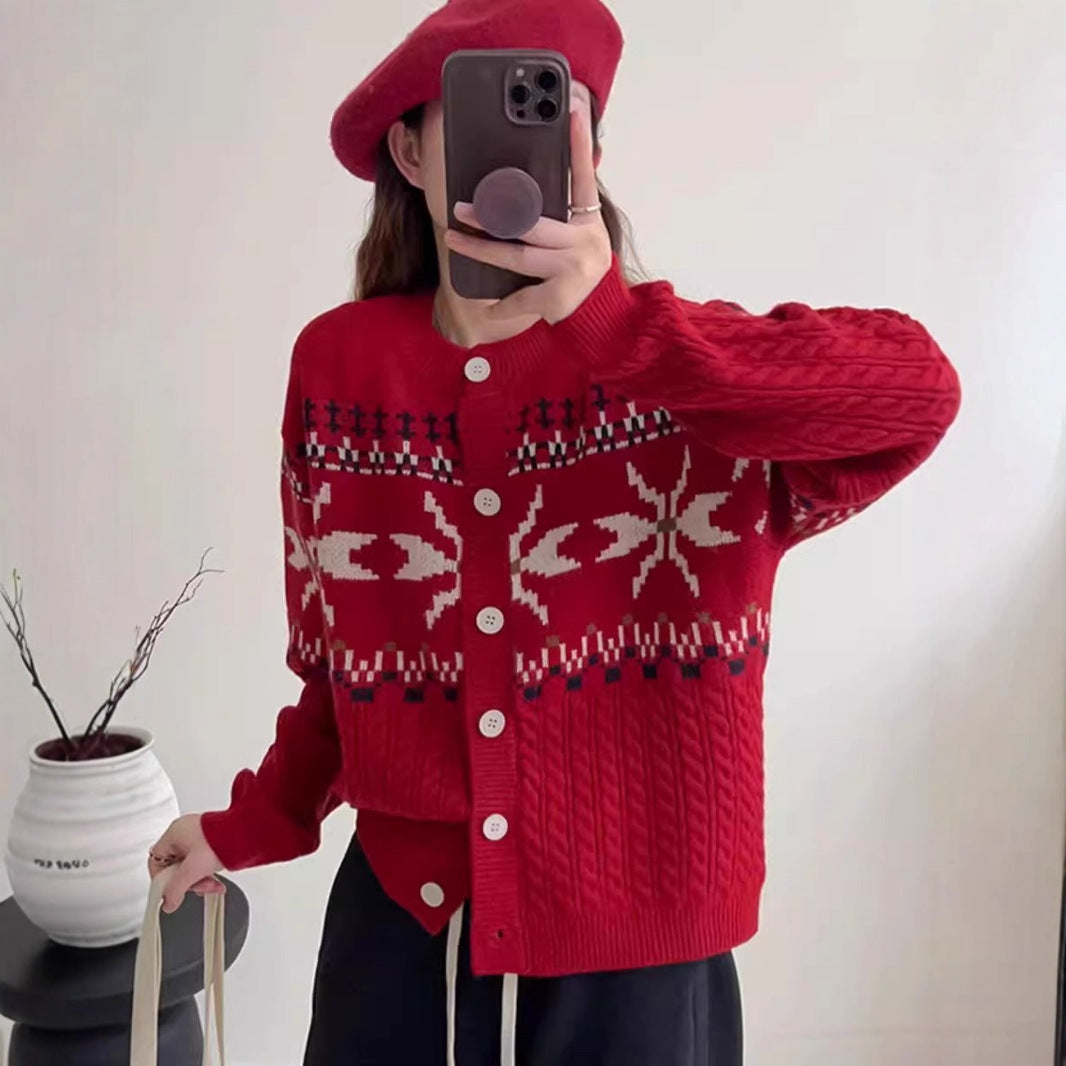 Damen Strickjacke mit traditionellen Mustern und großen Knöpfen ModeGeist