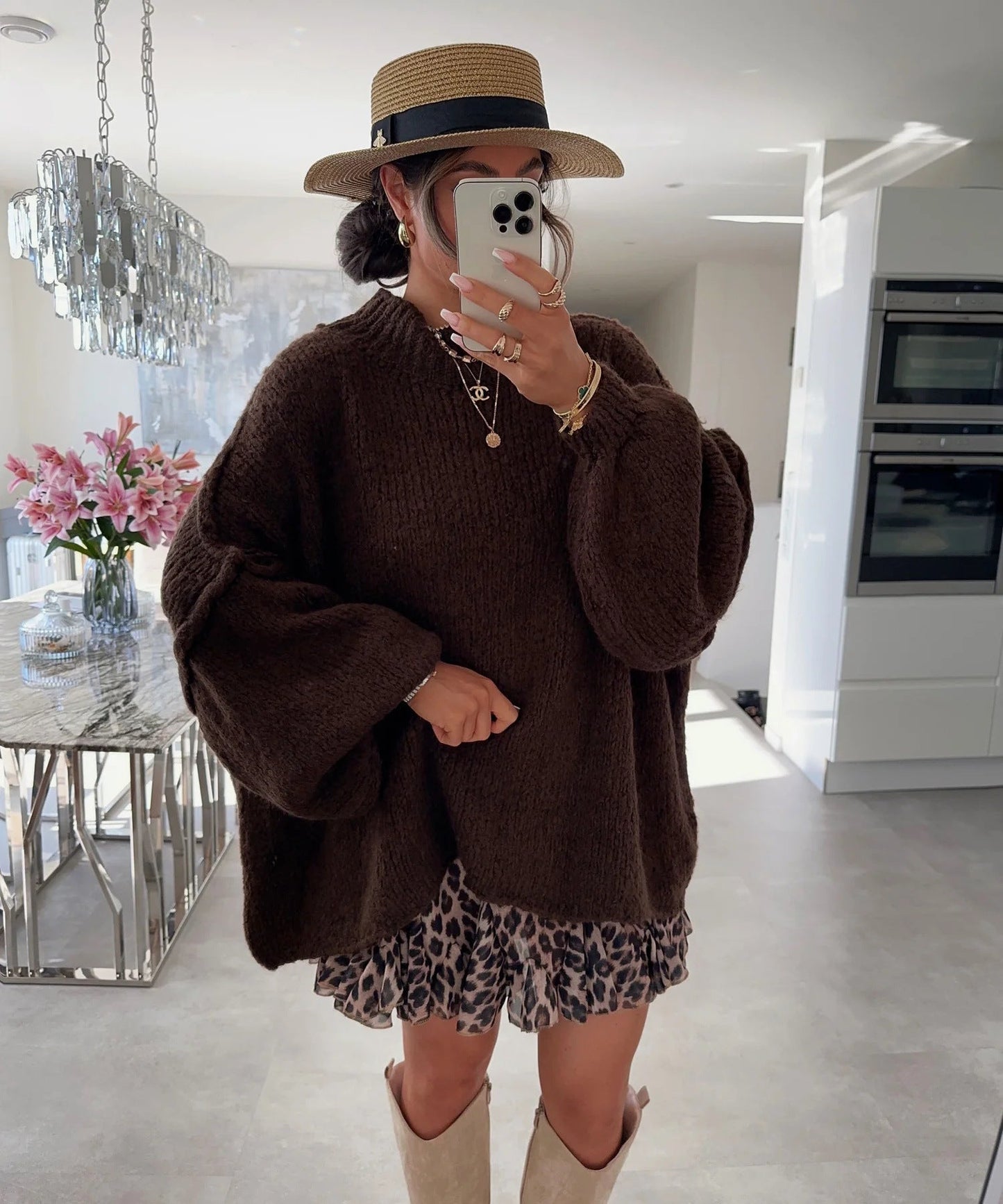 Damen lässiger Oversize Pullover mit hohen Ärmeln und unkonventionellem Schnitt ModeGeist