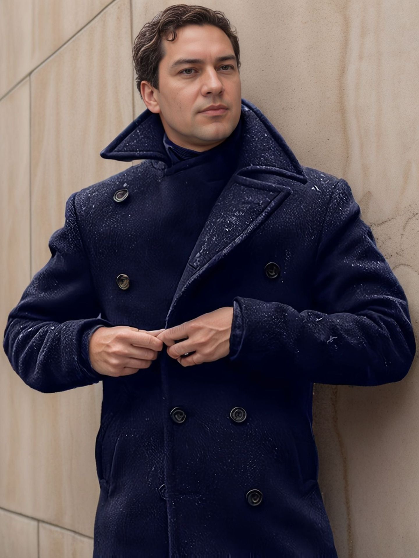Herren eleganter doppelreihiger Wollmantel mit strukturiertem Obermaterial ModeGeist