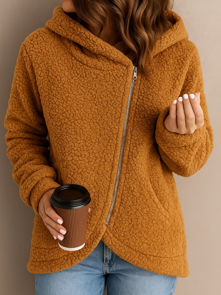 Damen Flauschige Kapuzenjacke mit asymmetrischem Reißverschluss ModeGeist