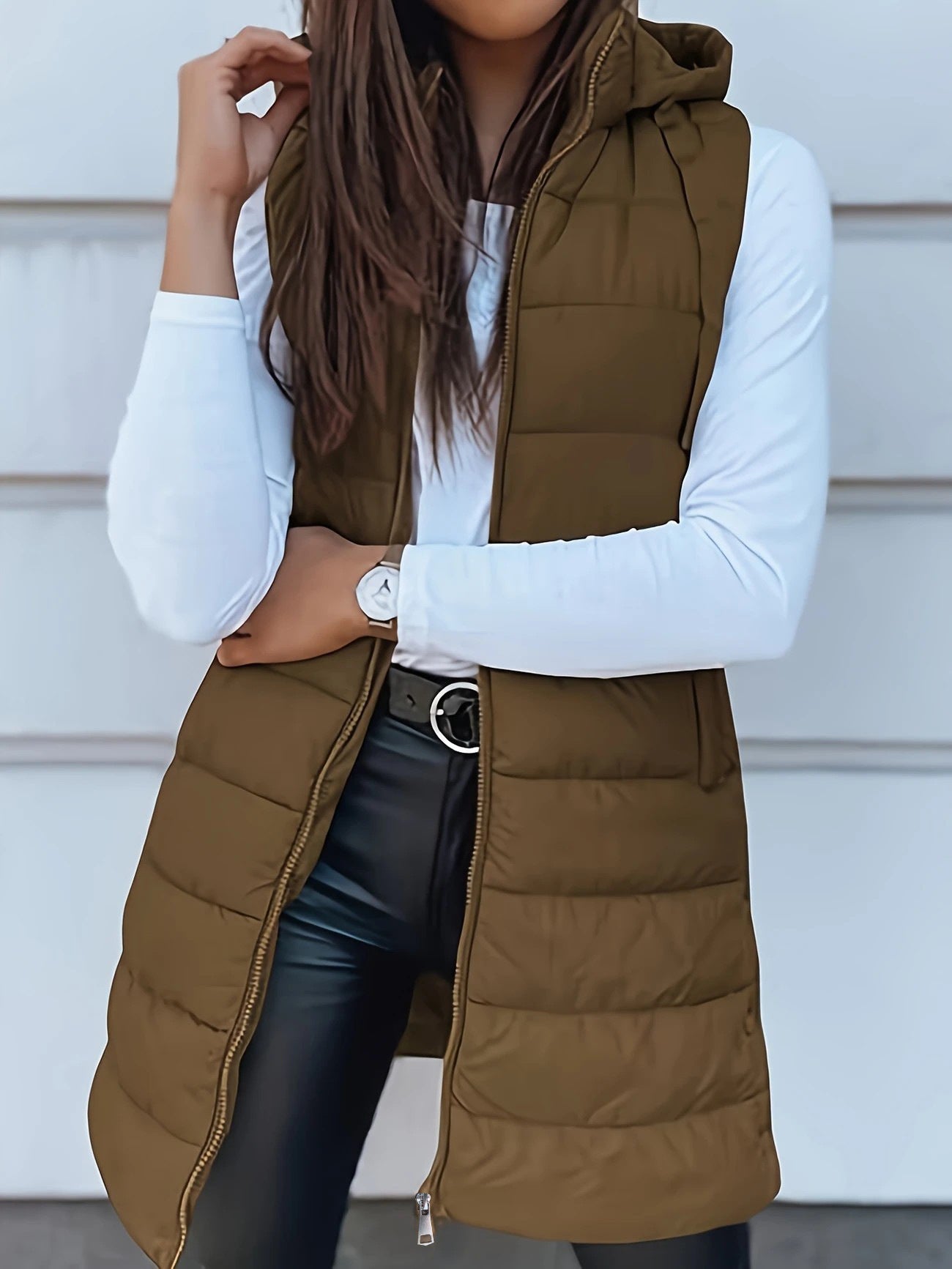 Damen Stylische gesteppte Weste mit Kapuze und langen Schnitt ModeGeist