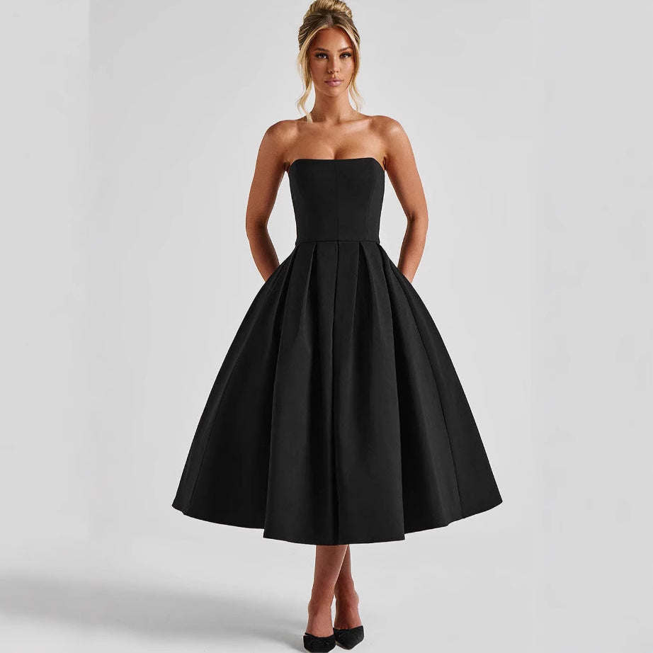 Damen Elegantes Midi-Kleid mit schwingendem Rock und raffiniertem Bandeau-Ausschnitt ModeGeist