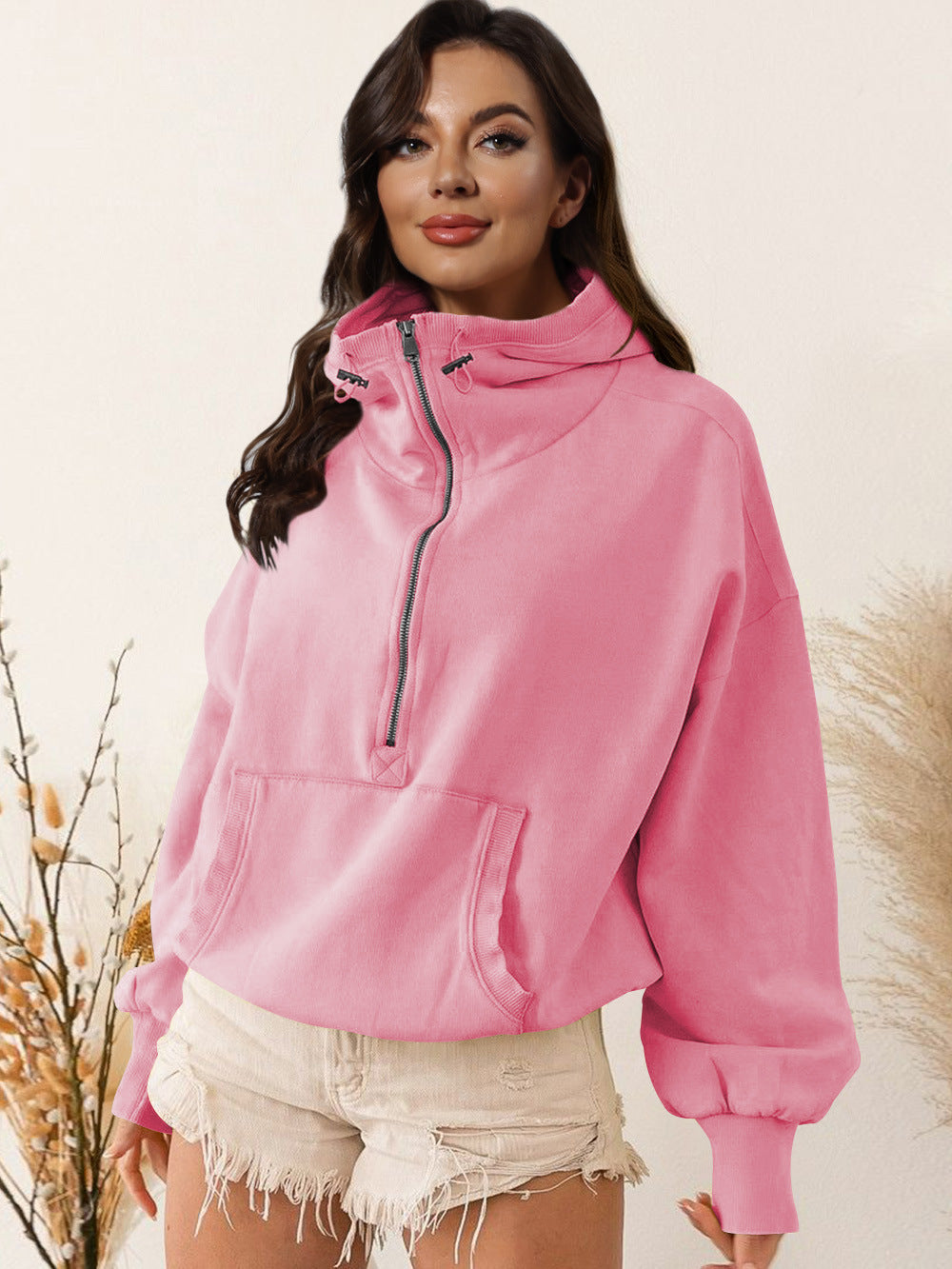 Damen lässiger Kapuzensweater mit halbem Reißverschluss ModeGeist
