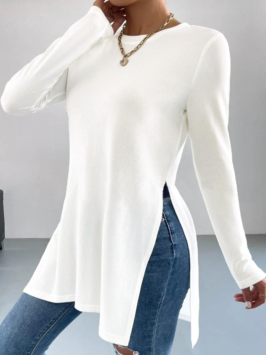 Damen asymmetrisches Longsleeve-Oberteil mit seitlichen Schlitzen und lässigem Schnitt ModeGeist