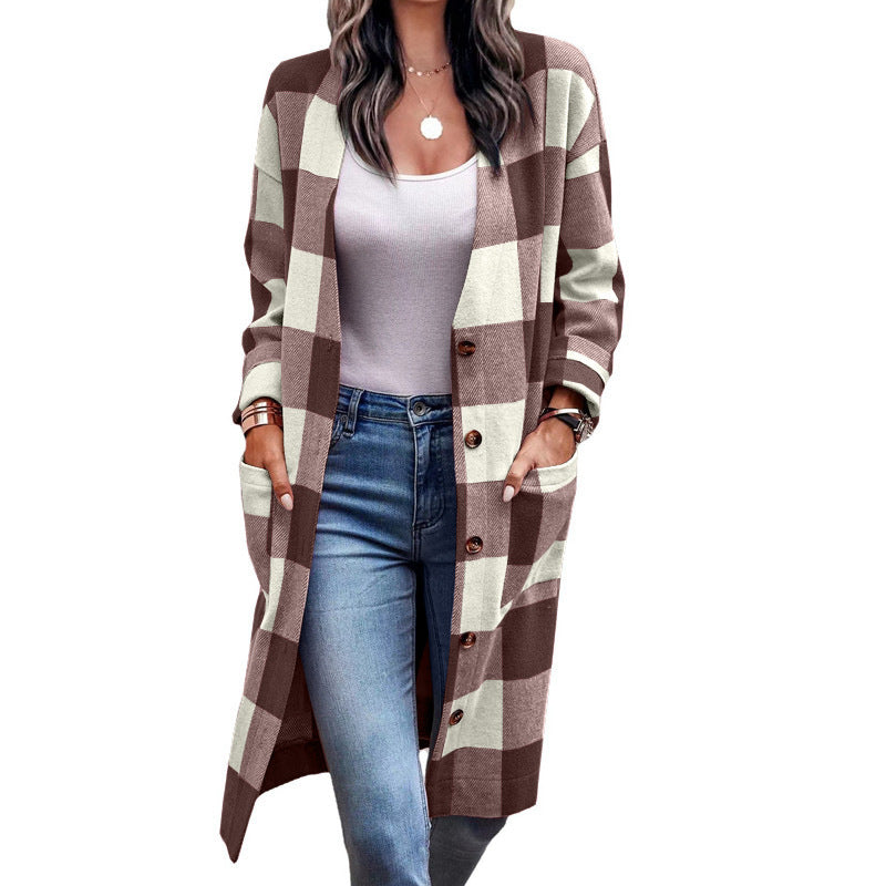 Damen Längerer Karokartenjacke mit Taschen ModeGeist