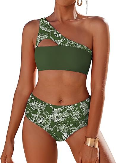 Moderner Damen-Bikini mit asymmetrischem Schnitt und Blumenapplikationen