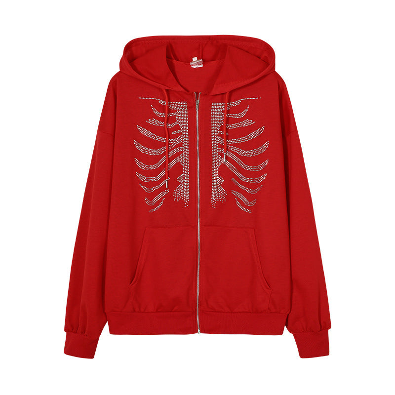 Damen Kapuzenjacke mit einzigartigem Skelett-Design und funkelnden Strasssteinen ModeGeist