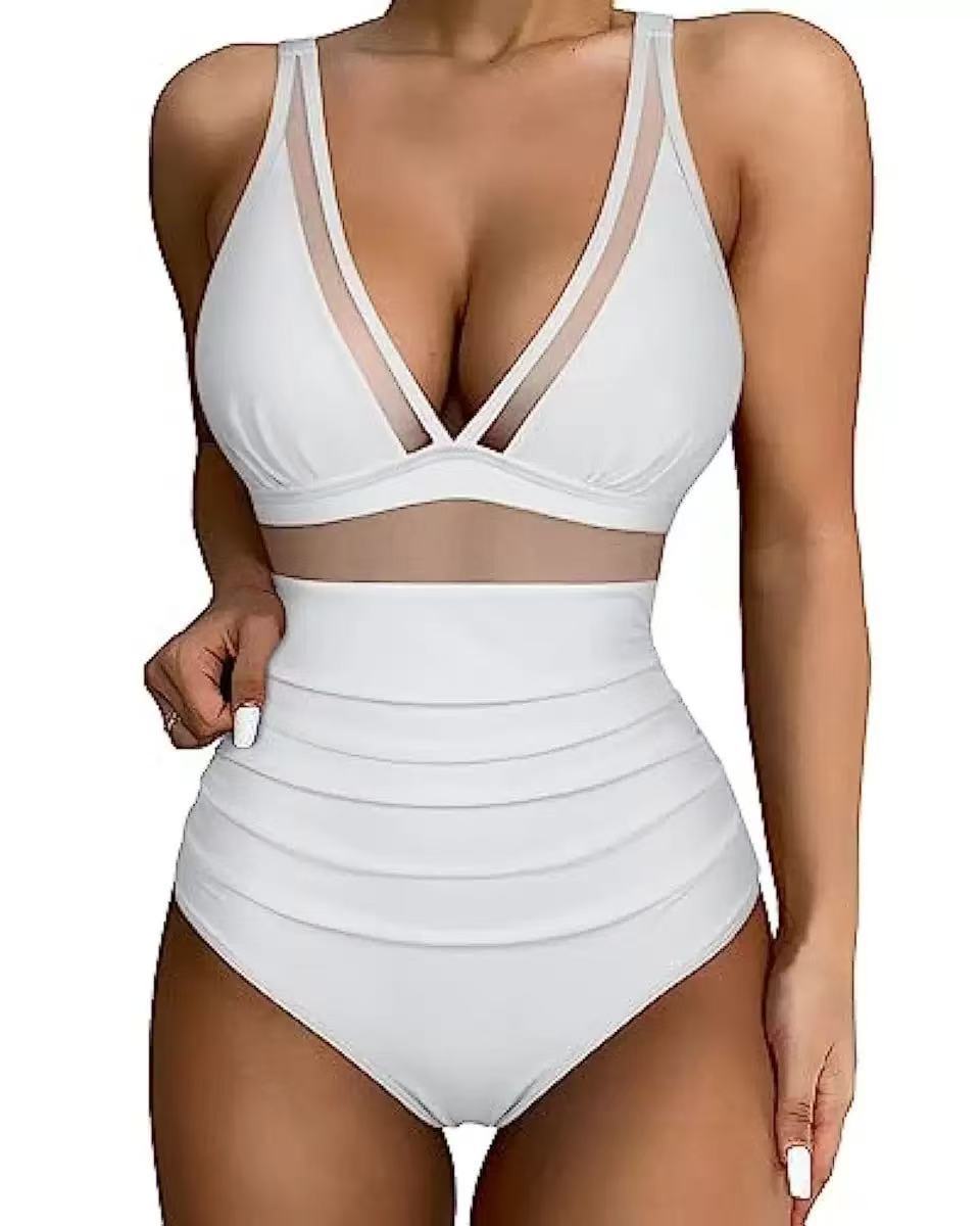 Modischer Damen-Bikini mit hohem Bund, Mesh-Einsätzen und tiefem Ausschnitt