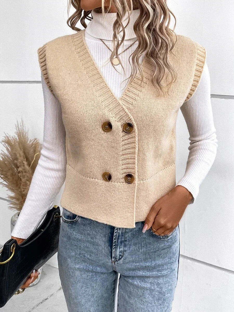 Damen Strickweste mit doppelter Knopfleiste und stylischem V-Ausschnitt ModeGeist