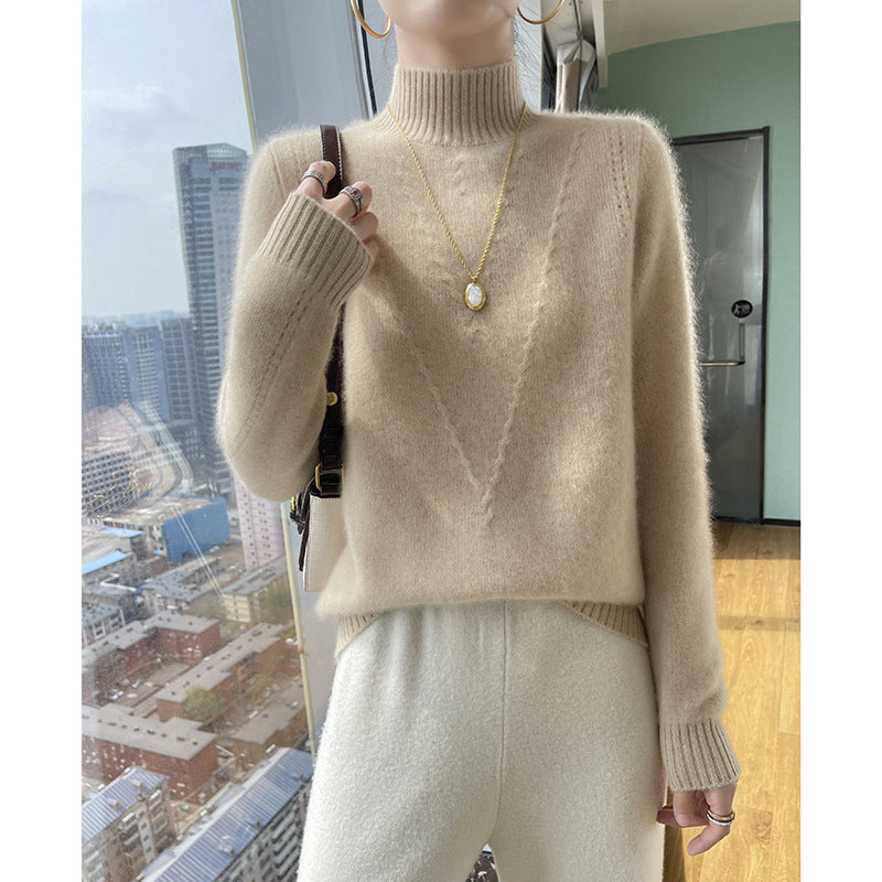 Damen weicher Strickpullover mit hohen Kragen und V-Design ModeGeist
