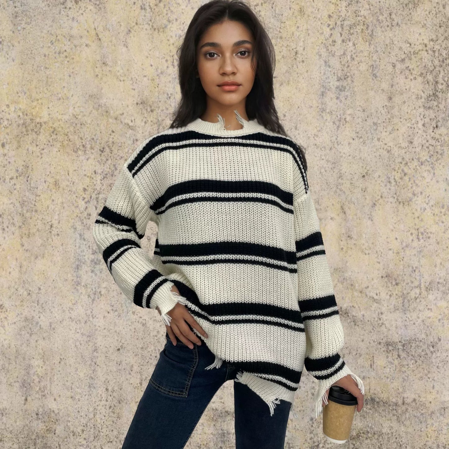 ModeGeist | Pullover Pullover Übergröße Fit Gestrickte Wolle Kontraststreifen Fransen Saum