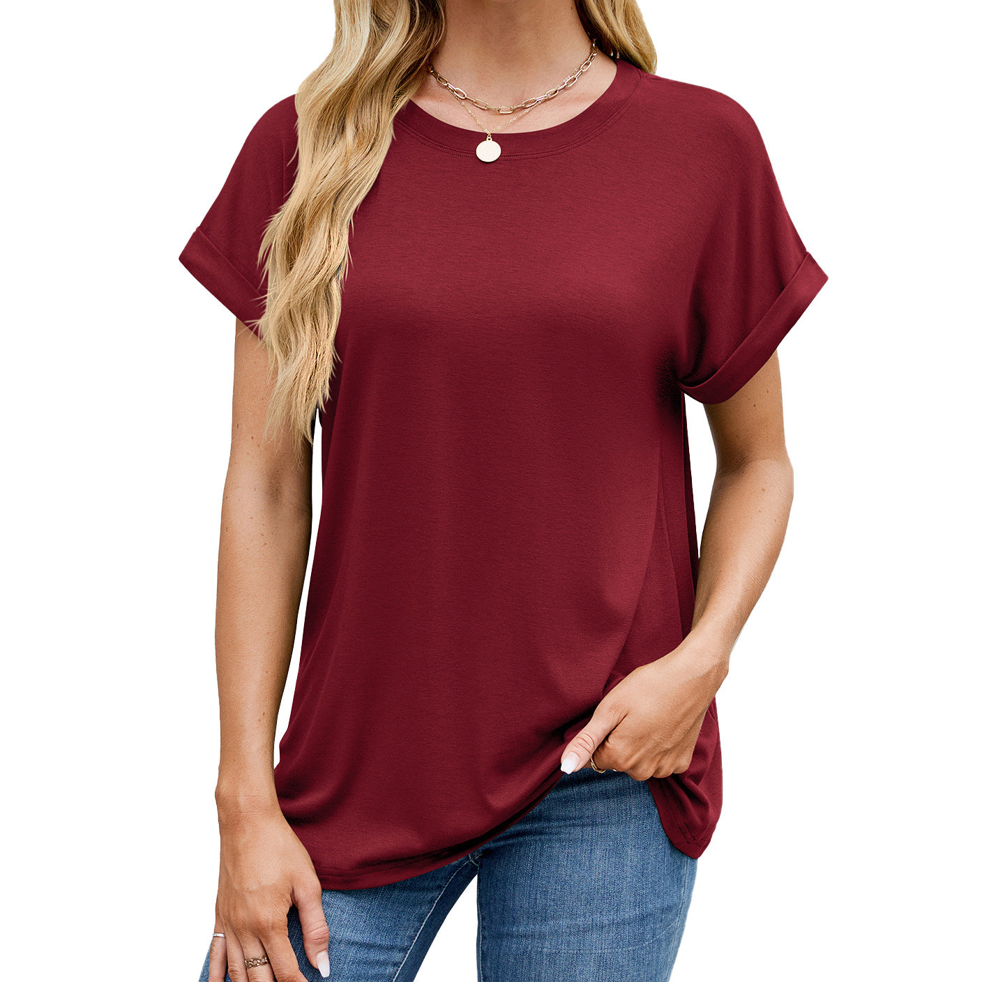 Fudus Basics: Einfarbiges, lockeres Rundhals-T-Shirt