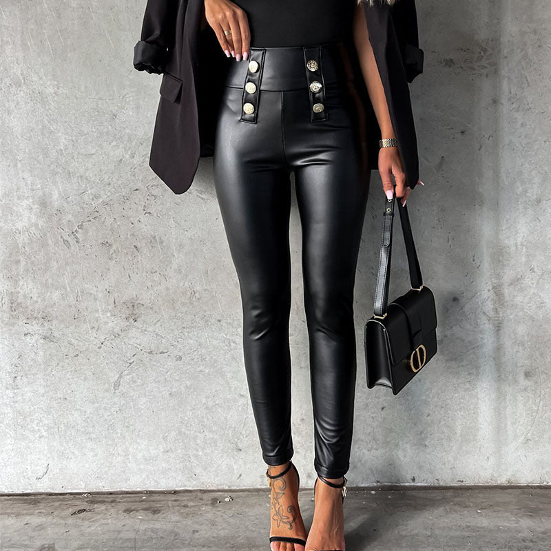 Damen imitat Leggings mit glänzender Oberfläche und dekorativen Knöpfen ModeGeist