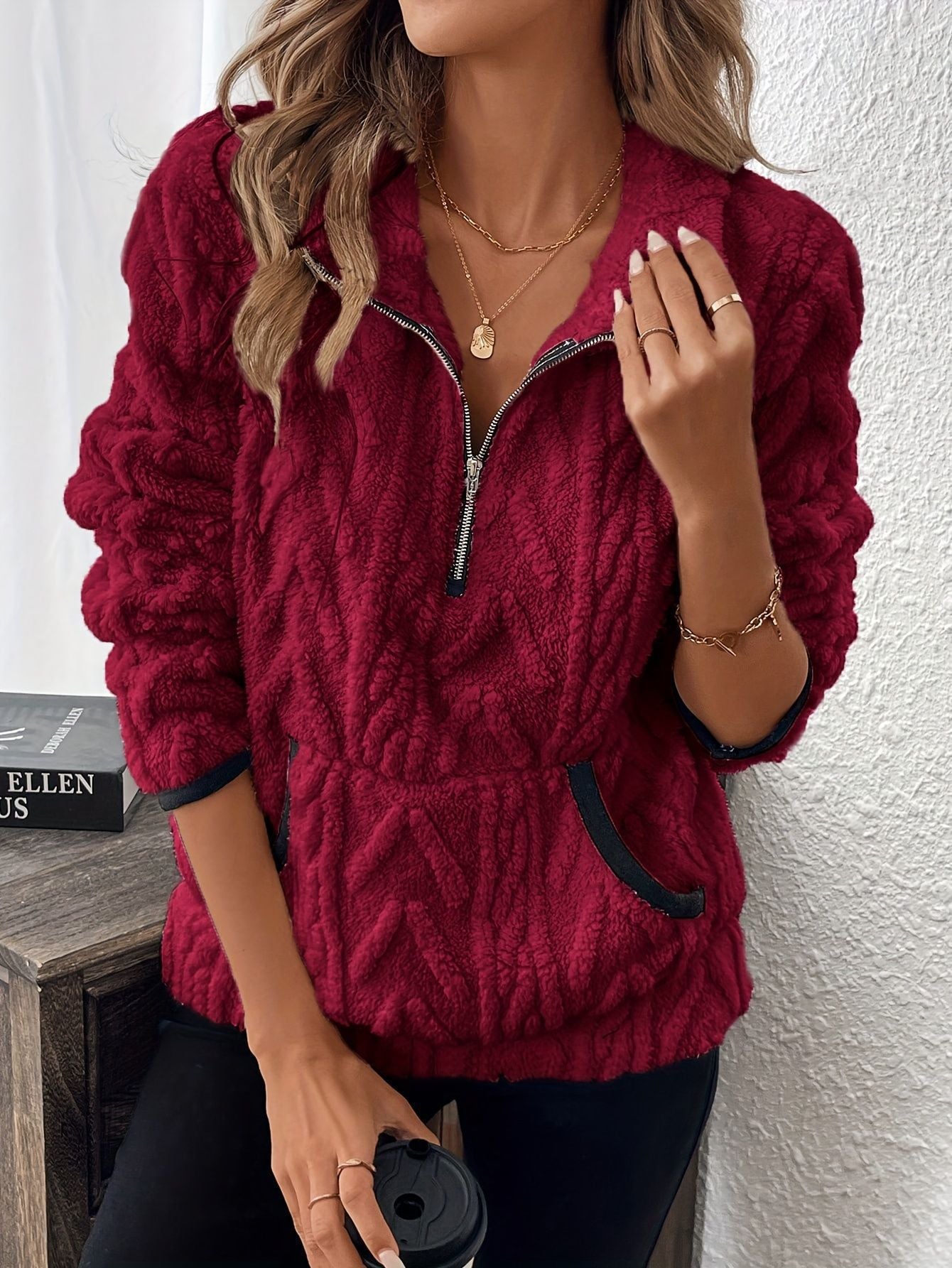 Damen weicher und bequemer Fleece-Pullover mit halbem Reißverschluss ModeGeist