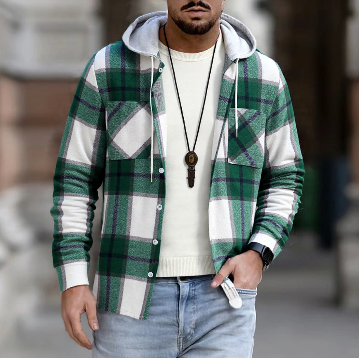Herren Freizeitjacke mit Kapuze und Karomuster ModeGeist