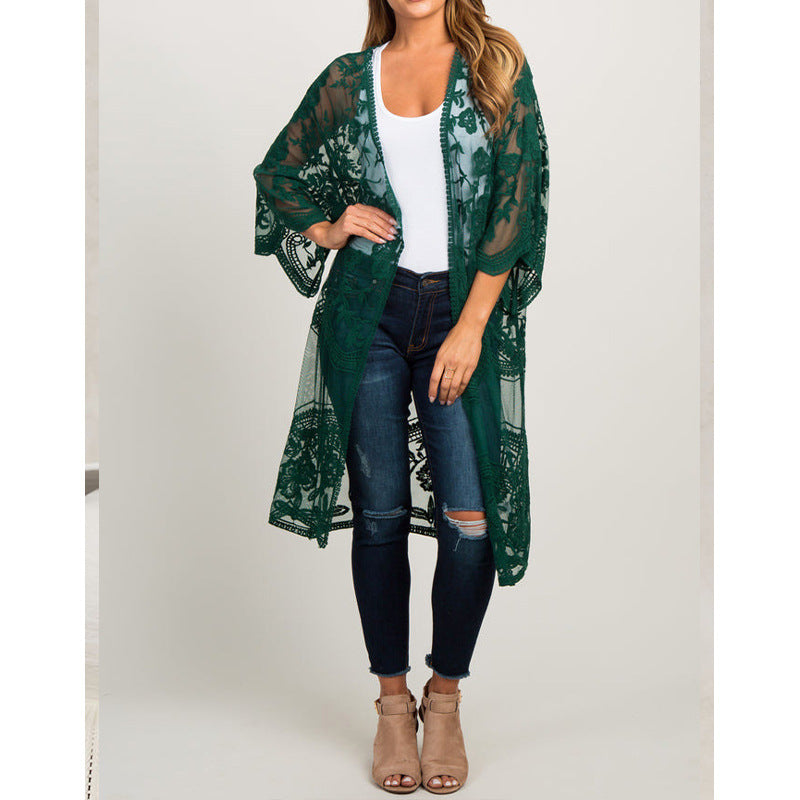 Modischer Damen-Crochet-Kimono mit luftigem Schnitt und Blumenmuster