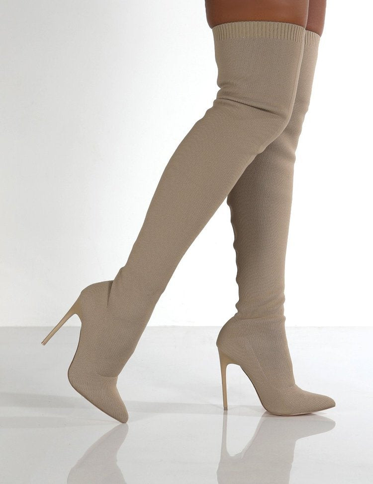 Damen Overknee Stiefel mit elegantem Absatz und hochwertiger Strickstruktur ModeGeist