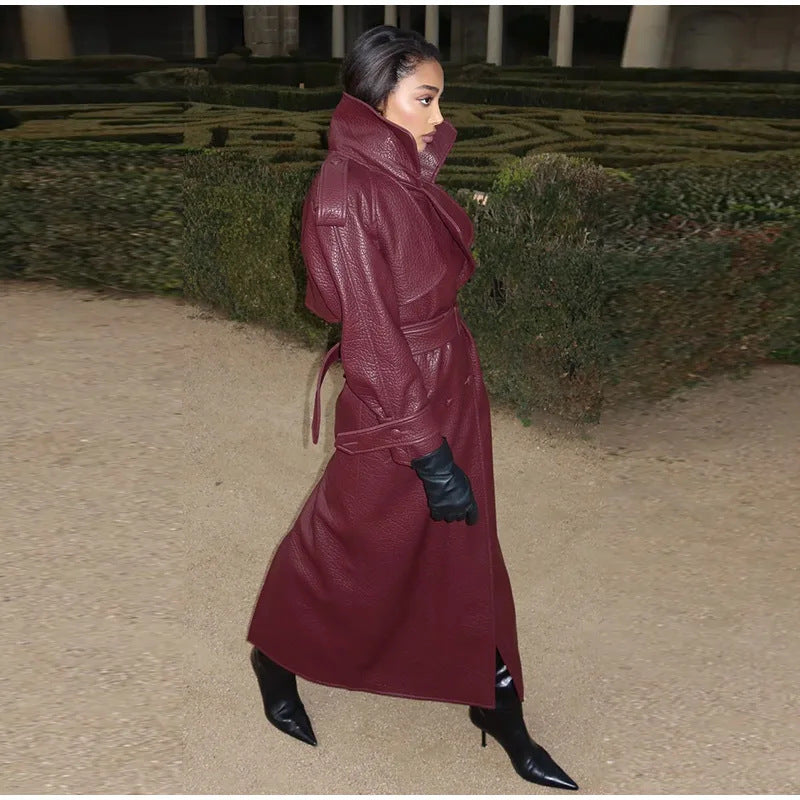 Damen Oversized Kunstleder-Trenchcoat mit hohem Kragen und abnehmbaren Gürtel ModeGeist