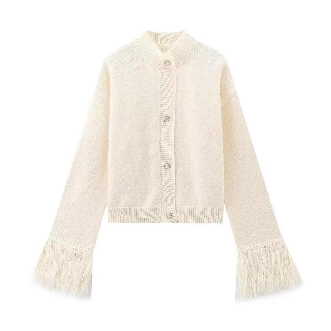 Damen lässige Strickjacke mit dekorativen Fransen und hochwertigen Knöpfen ModeGeist